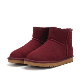 Low-cut Snow Boots Cowhide Rubber Fur Fashion Casual (Option: Wine Red-34)