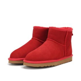 Low-cut Snow Boots Cowhide Rubber Fur Fashion Casual (Option: Watermelon Red-34)