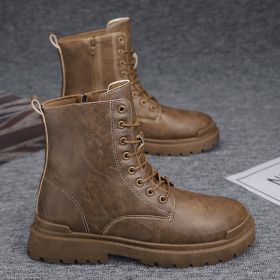 Men's High-top British Platform Work Shoes Leather Boots Retro Cycling Boots (Option: Brown-40)