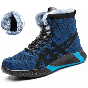 Winter Plush Boots Men Labor Protection Anti-smash Anti-puncture Work Shoes Warm Thickened Breathable Lace-up Safety Shoes (Option: Blue Velvet-Size42)
