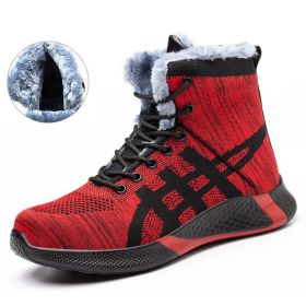 Winter Plush Boots Men Labor Protection Anti-smash Anti-puncture Work Shoes Warm Thickened Breathable Lace-up Safety Shoes (Option: Red Velvet-Size48)