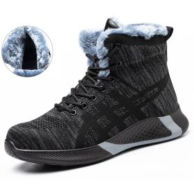 Winter Plush Boots Men Labor Protection Anti-smash Anti-puncture Work Shoes Warm Thickened Breathable Lace-up Safety Shoes (Option: Black Velvet-Size47)