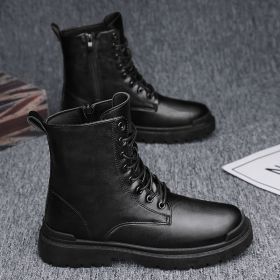Men's High-top British Platform Work Shoes Leather Boots Retro Cycling Boots (Option: Black-40)